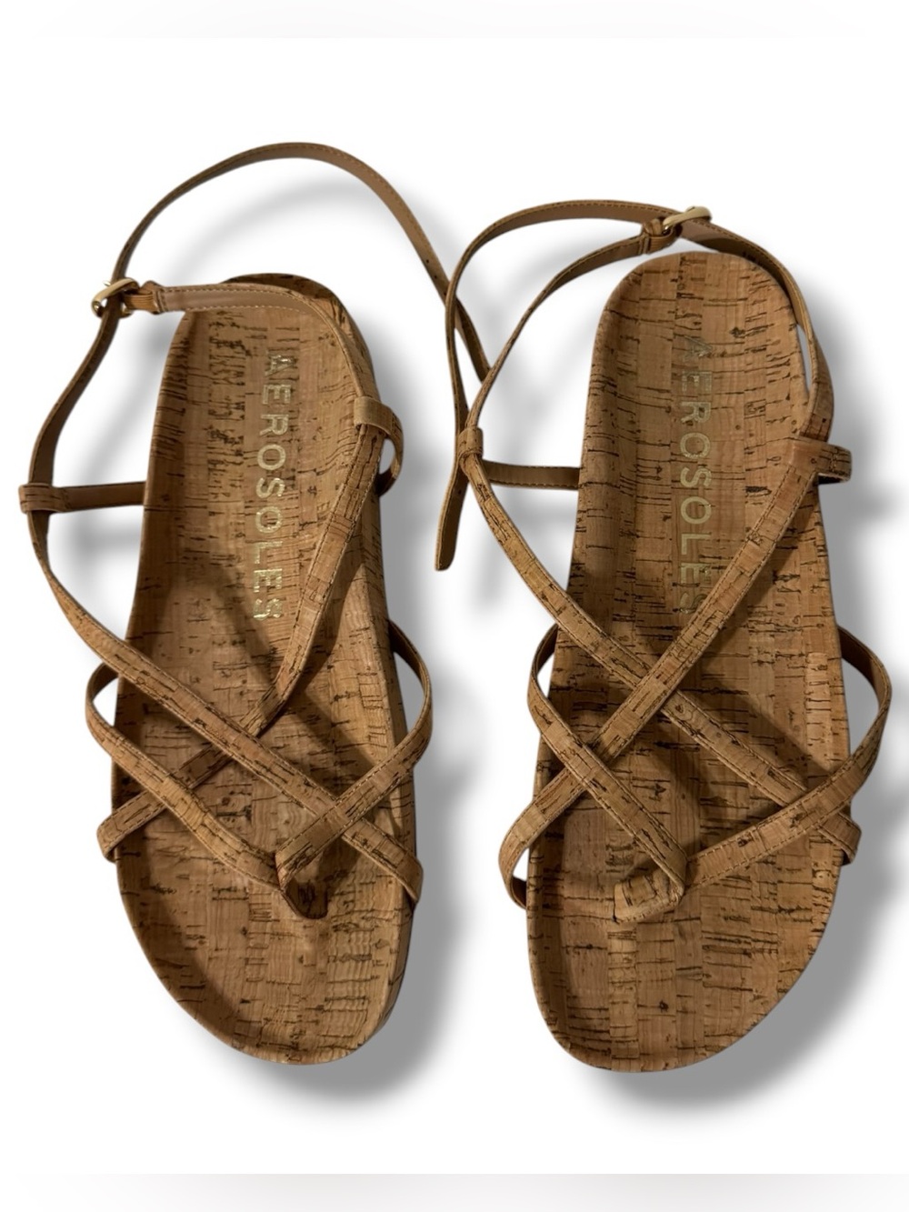 Aerosoles Leera Sandals Women’s 9.5 Natural Cork Strappy Footbed Ankle Strap